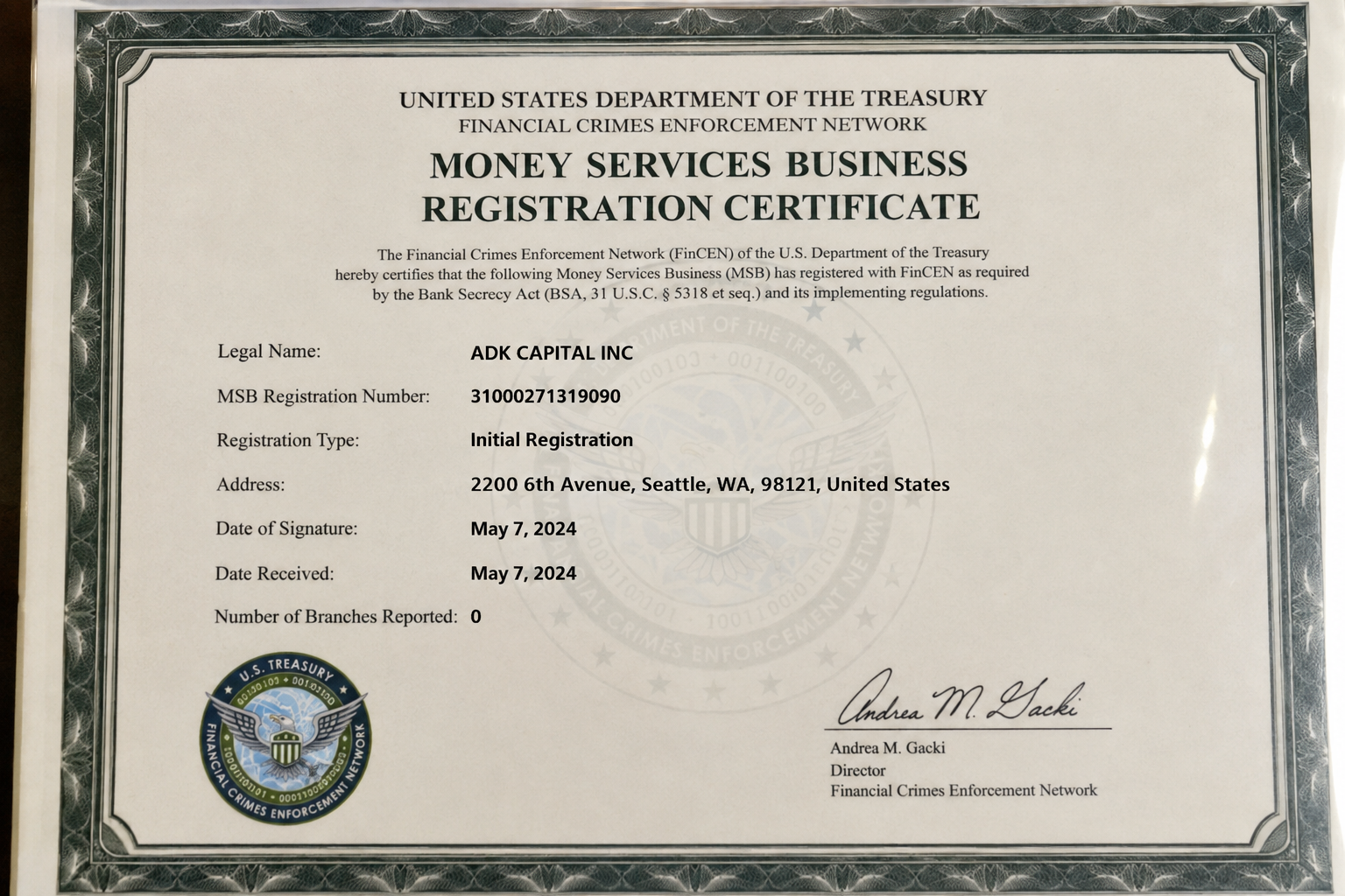 ADK Capital certificate